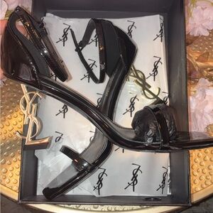 Yves Saint Laurent Glossy Black Heels with Gold Logo
